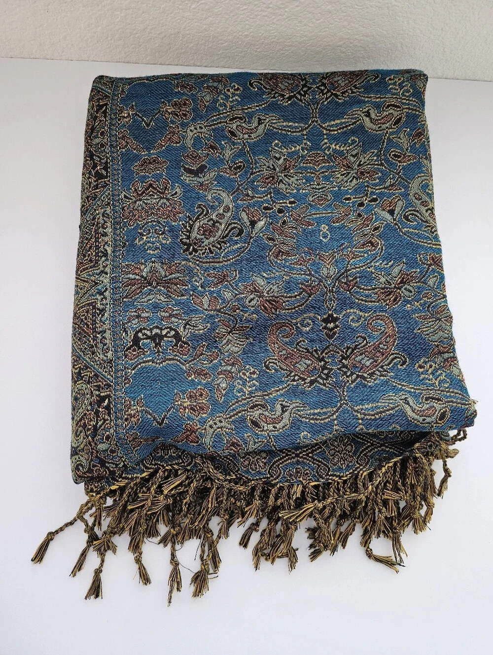 Vintage-Style Teal & Gold Paisley Oversized Throw Blanket / Bedspread (86